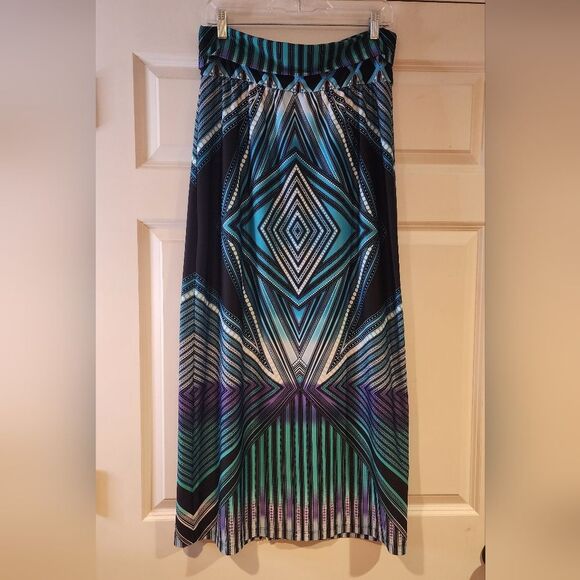 Valerie Stevens stretchy colorful geometric foldover pull on maxi skirt S - Picture 1 of 5